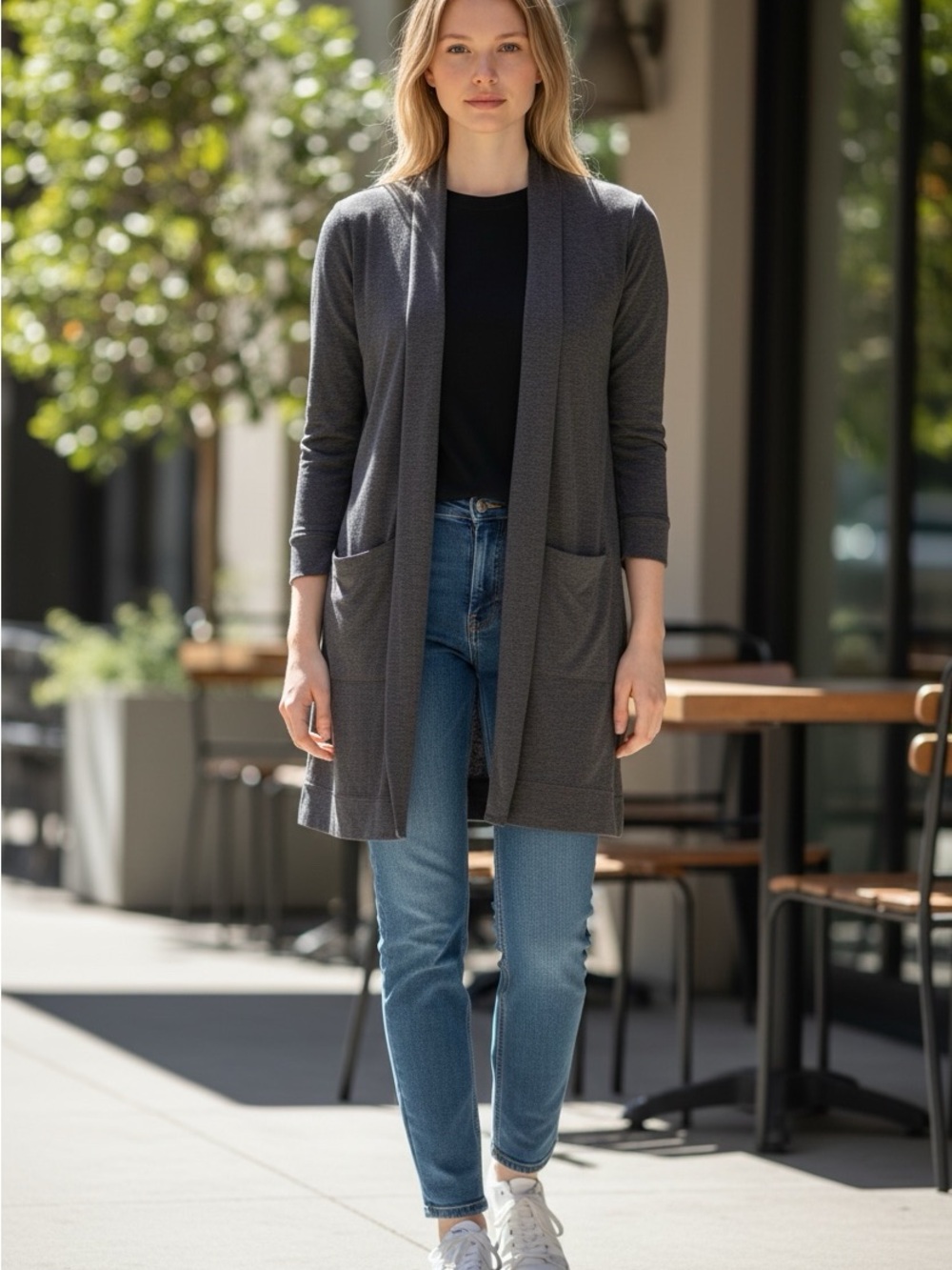 tek gear Women's Charcoal Open-Front Long Cardigan